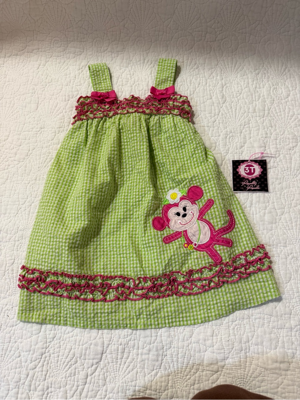 Emily Rose Lime Green and Hot Pink Monkey Applique Dress